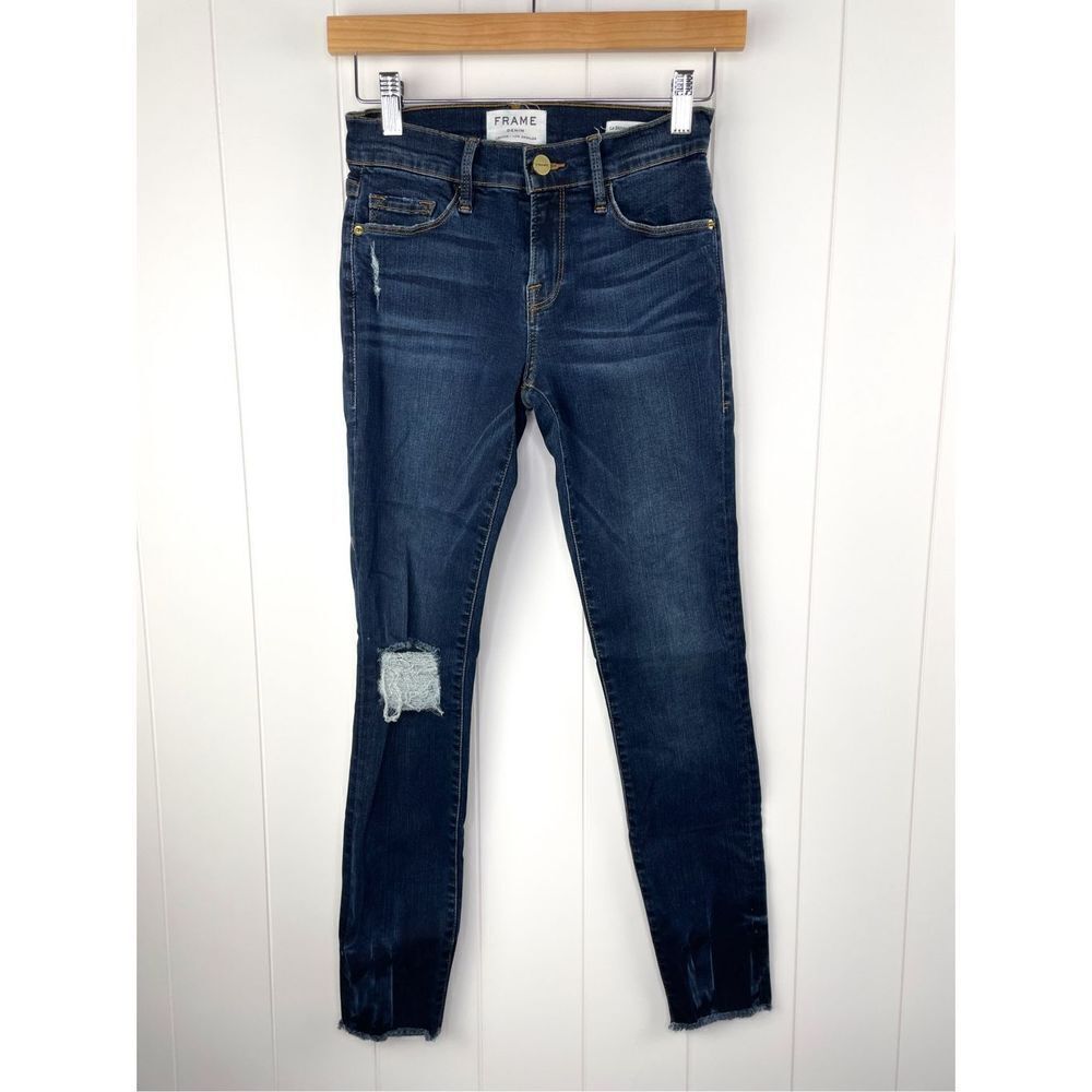 Frame Denim Le Skinny de Jeanne Crop Raw-Edge Jean Busted Knee Faded Thorpe Sz 2 - Picture 2 of 12
